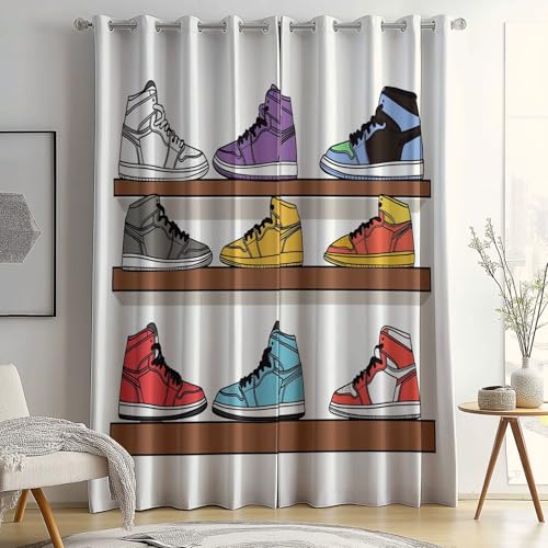 Cortinas Opacas con Aislamiento térmico, Arte Lineal Cortinas con Zapatillas De Dibujos Animados Estampadas, 140 x 245 cm (2 Paneles) para Dormitorio Salon Habitacion Cortinas de Casa con Ojales