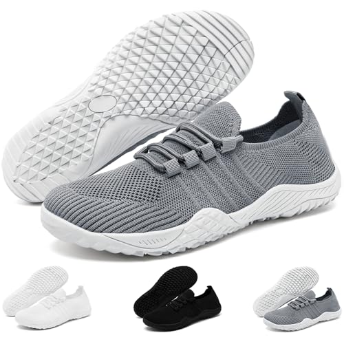 LANGFEUU Barefoot Shoes Women Zero Drop Minimalist Tennis Yoga Shoes Breathable Comfortable Lightweight Walking Sneakers Light Grey 8