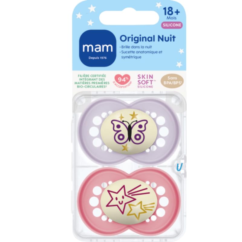 MAM | Original Night Schnuller 18+ Monate (2 Stück) zufällige Farbauswahl - Symmetrischer und anatomischer Silikonsauger - Leuchtender Babyschnuller mit Transport- und Sterilisierbox