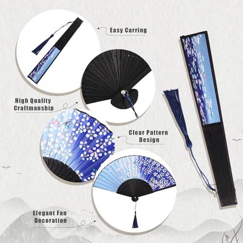 image for Zonon 4 Pack Handheld Floral Folding Fans Hand Held Silk Bamboo Fans w