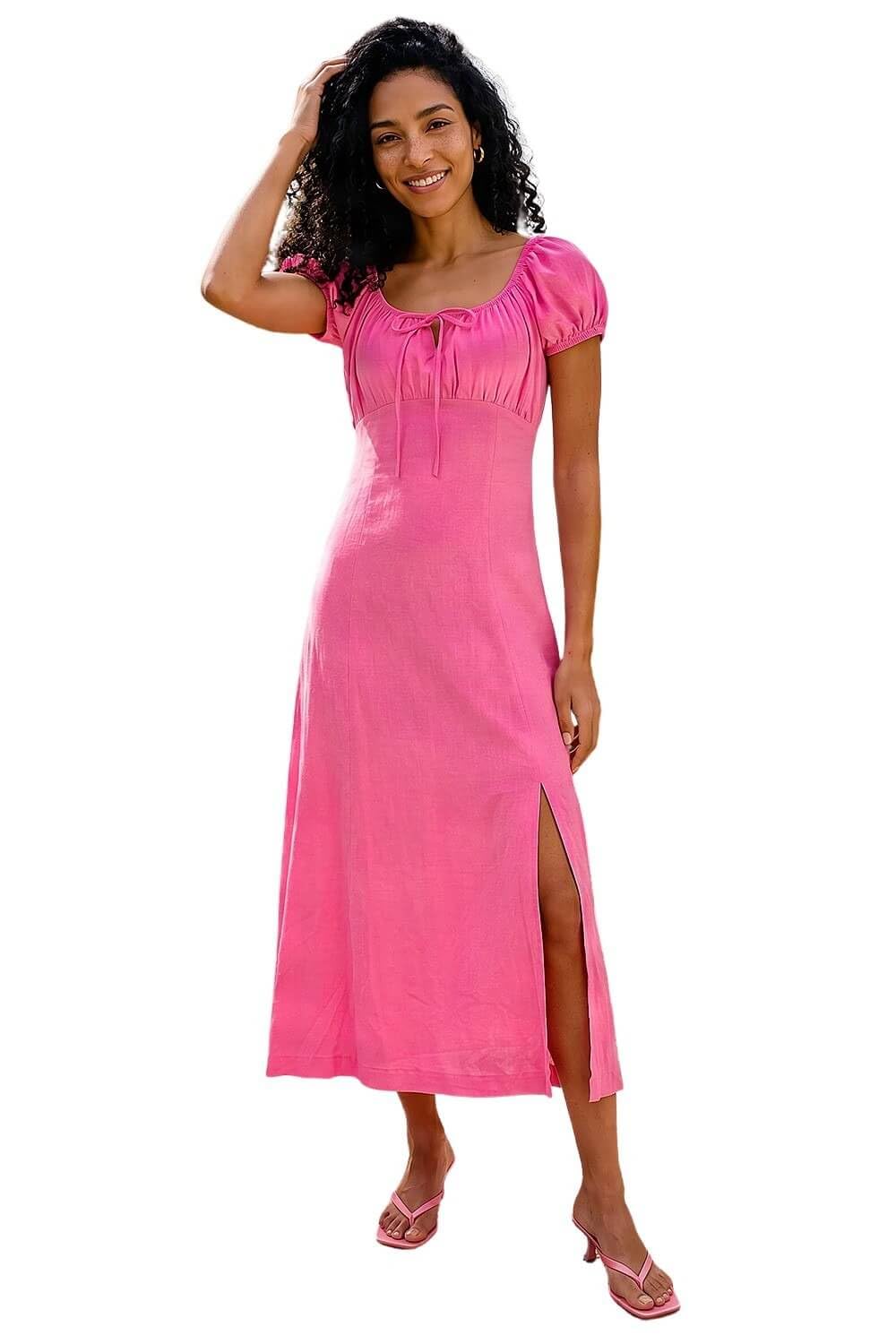 Roman Originals Puff Sleeve Linen Mix Midi Dress for Women UK - Ladies Everyday Holiday Spring Summer Square Neckline Comfy Soft Evening Vacation Work Party - Pink - Size 16