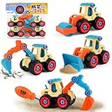 Tikplus Bagger Spielzeug ab 3 4 5 Jahren Jungen,4 in 1 Sandspielzeug Baustellenfahrzeuge Kinder Set mit Schraubendreher,DIY Baufahrzeuge Lernspielzeug für Kinder Jungen Mädchen
