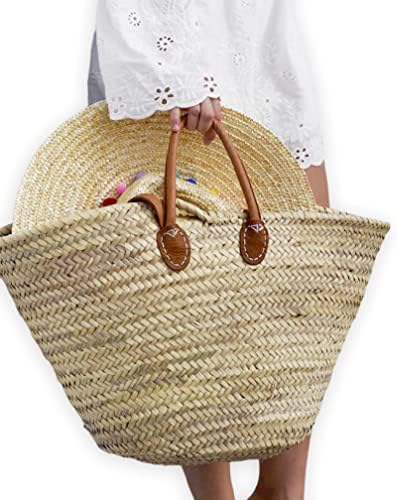 French Basket with Double Flat Leather Handles &ndash; Straw Tote, Beac...