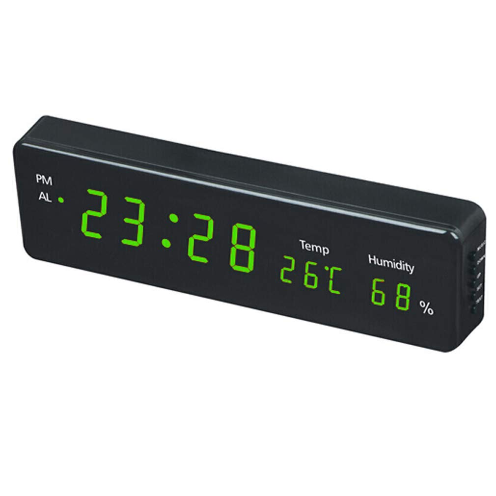Sjdopulse Light/Green Digital Led Wall Clock, Large With Thermometer And Hygrometer Plug-In Led Wall Clock Electronic Alarm Clock Led Display Home Office Subway Hospital,