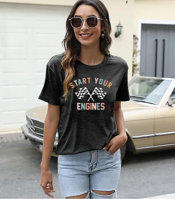 Start Your Engines Shirt for Women Racing Car Tshirts Vintage Checkerd Flag Graphic Tee Tops - Image 2