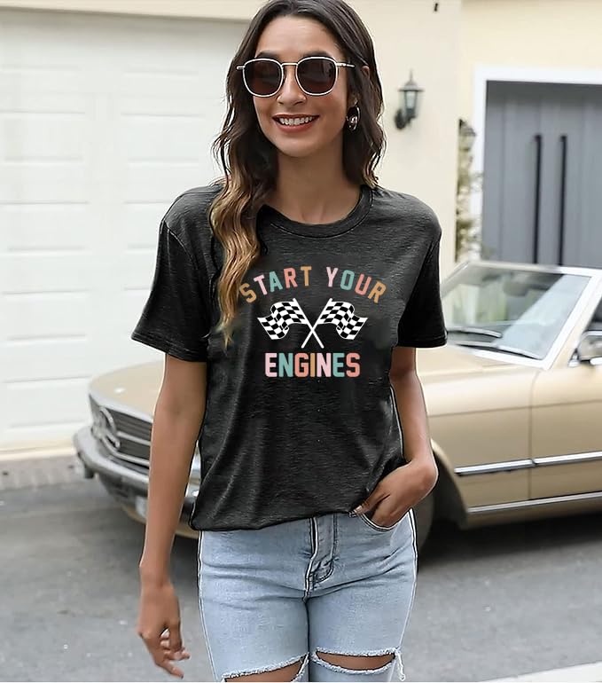 Start Your Engines Shirt for Women Racing Car Tshirts Vintage Checkerd Flag Graphic Tee Tops2