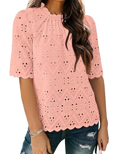BETTE BOUTIK Womens Lace Tops 2025 Trendy Long Short Sleeve Eyelet Embroidered Dressy Casual Blouse Shirts