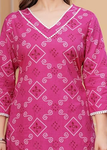 Image of MEERA FAB Women's Pure Cotton Bandhani Printed Kurta with Palazzo & Dupatta