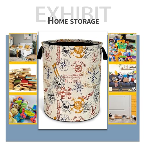 Image of Anchor Compass Laundry Basket Foldable Waterproof Hamper 18.9 x 16.5 Inch | Oxford Cloth With Reinforced Handles Lining Design Large-Capacity Storage For Bathrooms /Laundry Rooms / Living Rooms /Bedrooms