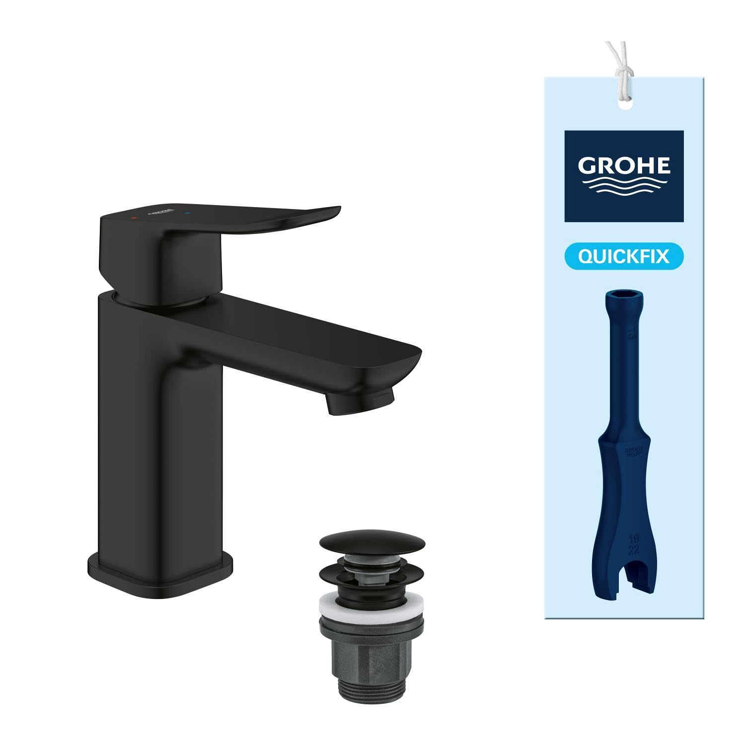 GROHE Dice, energiesparende Waschtischarmatur 3,5l/min, Kaltwasser in Mittelstellung (Wasserhahn für das Bad, 15cm hoch, Push-Open Ablauf, 3in1 Tool, einfache Installation), mattschwarz, 1018602430