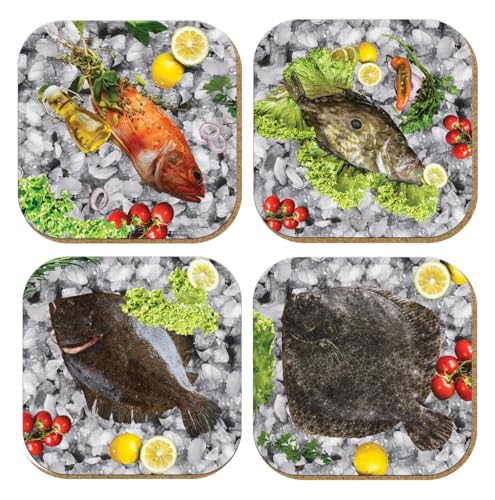 Pictor Gift Hediyelik Metal Mantar Tabanlı Fish Story Balıklı 4'lü Bardak Altlığı Seti