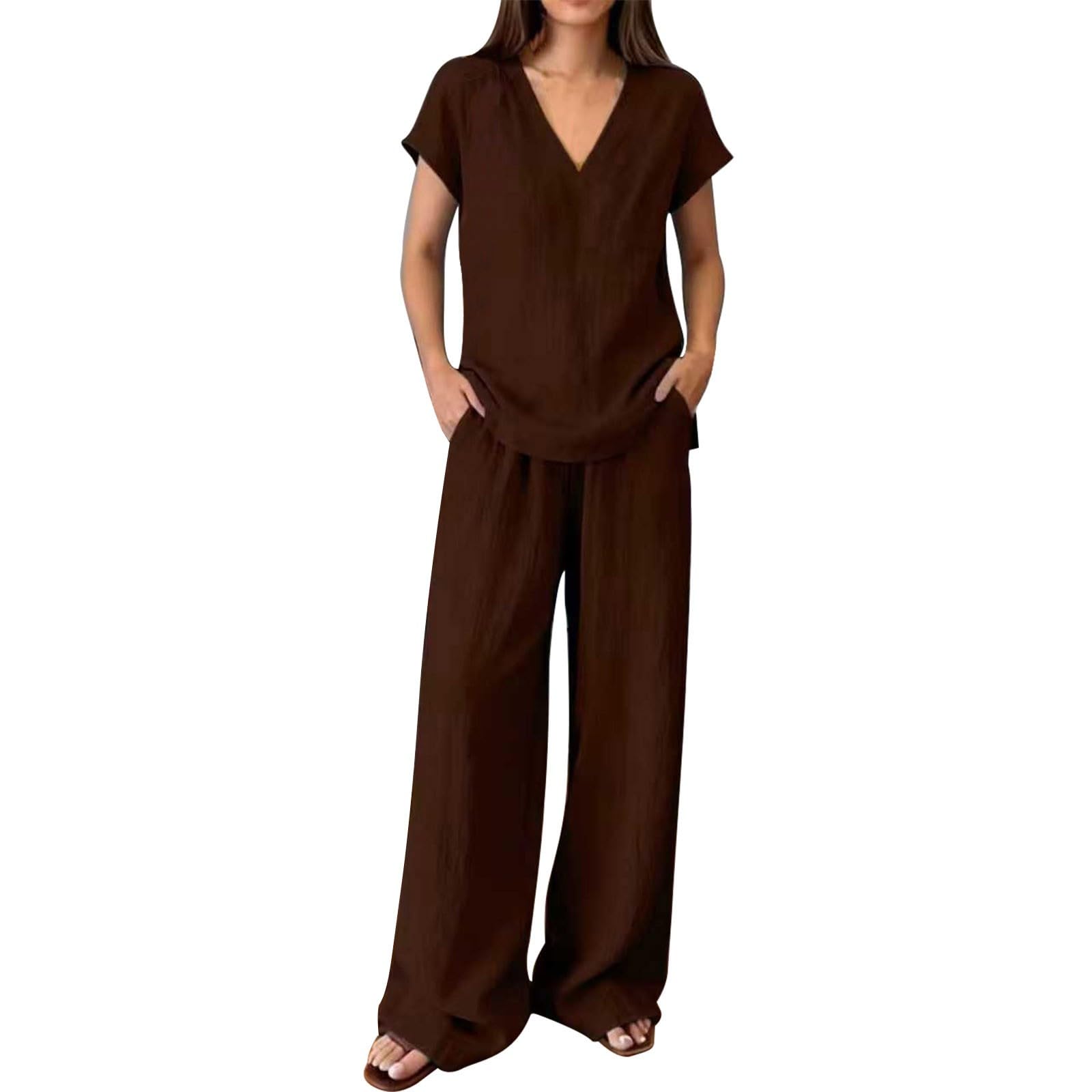 Conjunto de dos piezas de lino y algodón para mujer, blusa de manga corta con cuello en V, cintura alta, pantalones de pierna ancha, casual, ajuste holgado, transpirable, ropa de verano cómoda para la