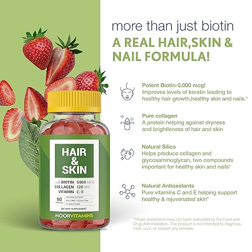 Image of Noor Vitamins Halal Hair Vitamins Biotin, Collagen, Silica, Vitamin C & E Supports Hair, Skin & Nail Health; Natural Strawberry Gummy Vitamins. GMO, Gluten Free & a Certified Halal Vitamin (90 Count)