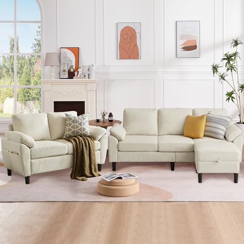 Image of 79.72 inch 3 Piece Corduroy Sofa Set with Storage Ottoman & Loveseat, L Shaped Sectional Couch with Side Pockets, Convertible Living Room Furniture Set for Small Space
