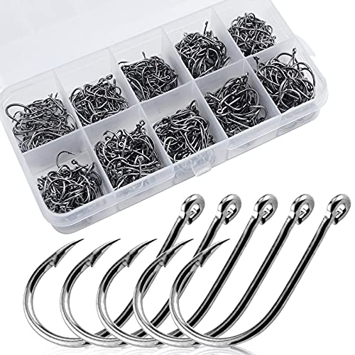 600 Stück Angelhaken, 10 Größen, Karbonstahl, Angelhaken mit Widerhaken, Meeresfischhaken mit Kunststoffboxen, Ösen…