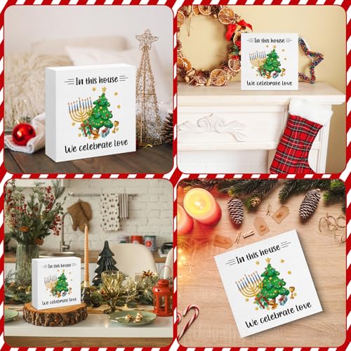 Image of Hanukkah Decor, Hanukkah Gifts for Women Men, In This House We Celebrate Love Wood Box Sign, Jewish Christmas Decorations for Home Office Shelf 5 x 5 Inch
