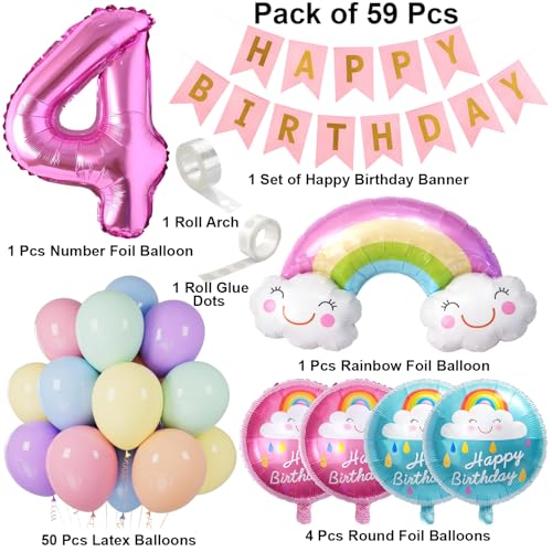 Image of Set of 59 Pcs Happy 4th Birthday Decoration Kit with Number 4 Foil Balloon, Rainbow Theme, Fourth Birthday Decoration for Baby Boy and Baby Girl Decorative Items