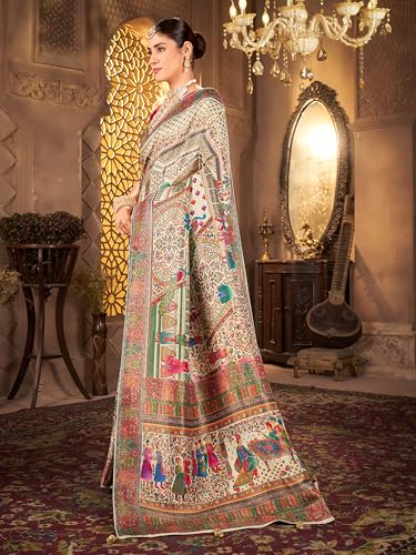 Image of Glory Sarees Women's Luxurious Dola Pure Silk Original Saree Position Print Work Madhubani Inspired Motifs Banarasi Kanjivaram Style Saree With Blouse Piece (Elegant101 Parent)