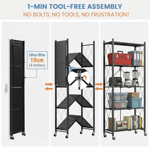 Image of ALANNG 70.7 inch H Metal Storage Shelves, 5 Tier Folding Shelf on Wheels | Heavy Duty, No Assembly, Rolling, Collapsible Rack Unit for Kitchen, Basement, Pantry (Black,1 Pack)