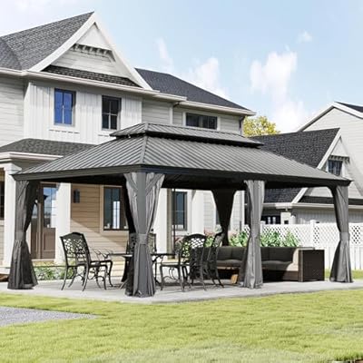 Domi 12x18FT Hardtop Gazebo, Outdoor Gazebo with Double Galvanized Steel Roof, Metal Pavilion Shelter for Patio, Lawn and Garden, Detachable Curtain and Netting Included, Gray
