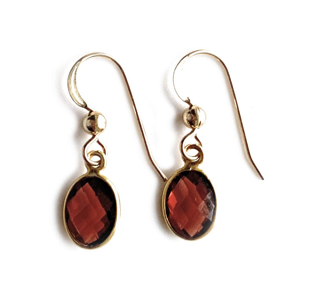 Diana Ingram earrings with garnet (dark red) oval crystal gemstone drops on Sterling Silver or 22 Carat gold vermeil hooks