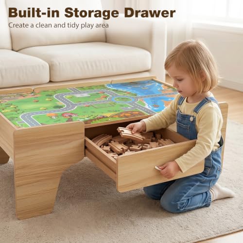 Image of Costzon 110-Piece Wooden Train Table with Drawer for 3+ Years Old Toddlers | 3-in-1 Kids Activity Play Set w / Reversible Tabletop, Storage Space, Train Tracks, Figures, Vehicles, and Buildings