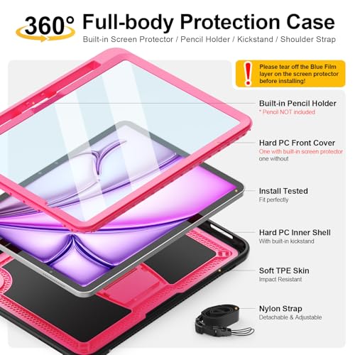 SEYMAC stock Case for iPad Air 11 Inch M3/M2 (2025/2024), Full Body Shockproof Cover with Screen Protector, Foldable Stand & Shoulder Strap for iPad Air 11 Case, Pink - Image 4