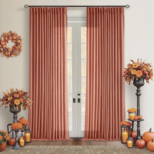Terracotta 90 Inch Linen Curtains Pinch Pleated for Living Room