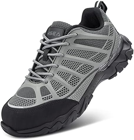HISEA Steel Toe Shoes for Men Breathable and Comfortable Safety Work Shoes,Slip Resistant Industrial & Construction Work Sneakers Grey Size 11.5