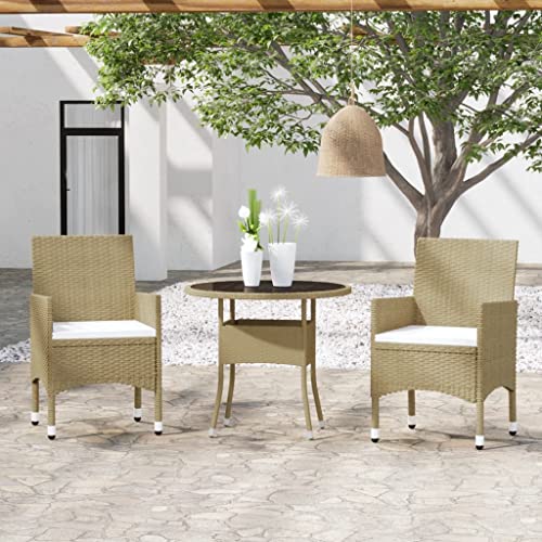 Holamys Ensemble Repas de Jardin 3 pcs Résine Tressée Beige, Table Ronde Verre Trempé, 2 Chaises avec Coussins Crème, Mobilier Extérieur pour Patio et...