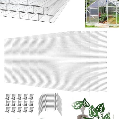 YRHome 14 Stück Polycarbonat Hohlkammerstegplatten UV-beständigem Doppelstegplatte Gewächshausplatten 605x1210x4mm 10,25 m² Stegplatte Hohlkammerplatten für Gewächshaus mit 50x Klammern & 50x Z-Clips