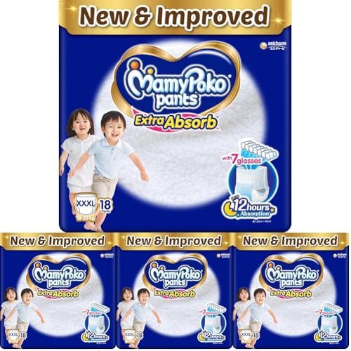 Image of Mamypoko pants Extra Absorb| Pant Style Baby Diapers (XXXL), 18 Count, 18-35kg||Deep Sleep Diapers| Soft gentle fit |Deep Absorbent Crisscross | skin friendly with coconut oil (Pack of 4)