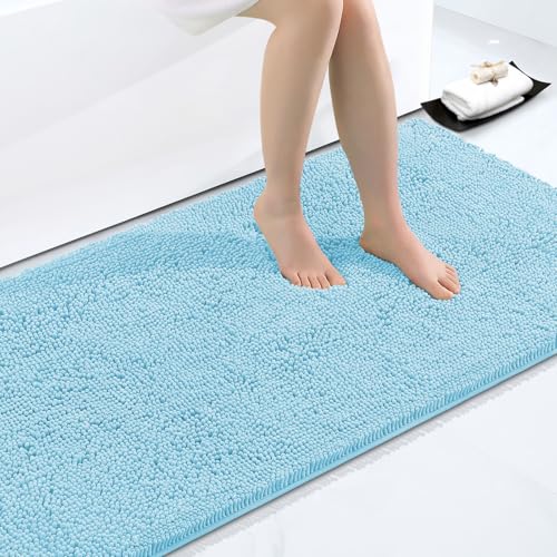 Smiry Luxury Chenille Bathroom Rugs 59x35, Extra Soft and Absorbent Shaggy Bath Mat, Machine Washable, Non-Slip Plush Carpet Runner for Tub, Shower, and Floor, Home Decor Accessories, Sky Blue