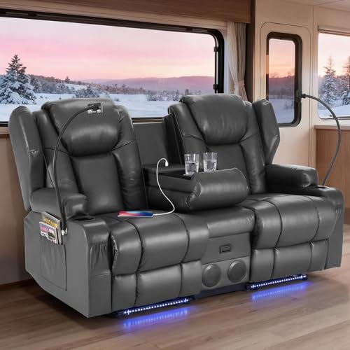 Image of Redlife Power Loveseat Recliner Sofa with Console, PU Leather Dual Reclining Couch with Blue LED Lights, Bluetooth Speakers, USB Ports, Phone Holders, Home Theater & RV Recliner (Gray)