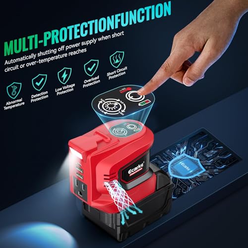 Image of Ecarke 200W Portable Power Inverter Compatible with Milwaukee 18V Battery, DC 18V to AC 110V Power Station with 1 AC Outlet, 2 USB, 1 Type-C & LED Light, for Outdoor Emergency Use (No Battery)