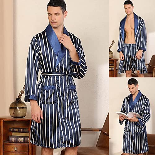 Cambkatl Men's Silk Bathrobes Long Sleeve Satin Kimono Robe with Shorts Sleepwear Casual Stripes Pajamas Set with Pocket2