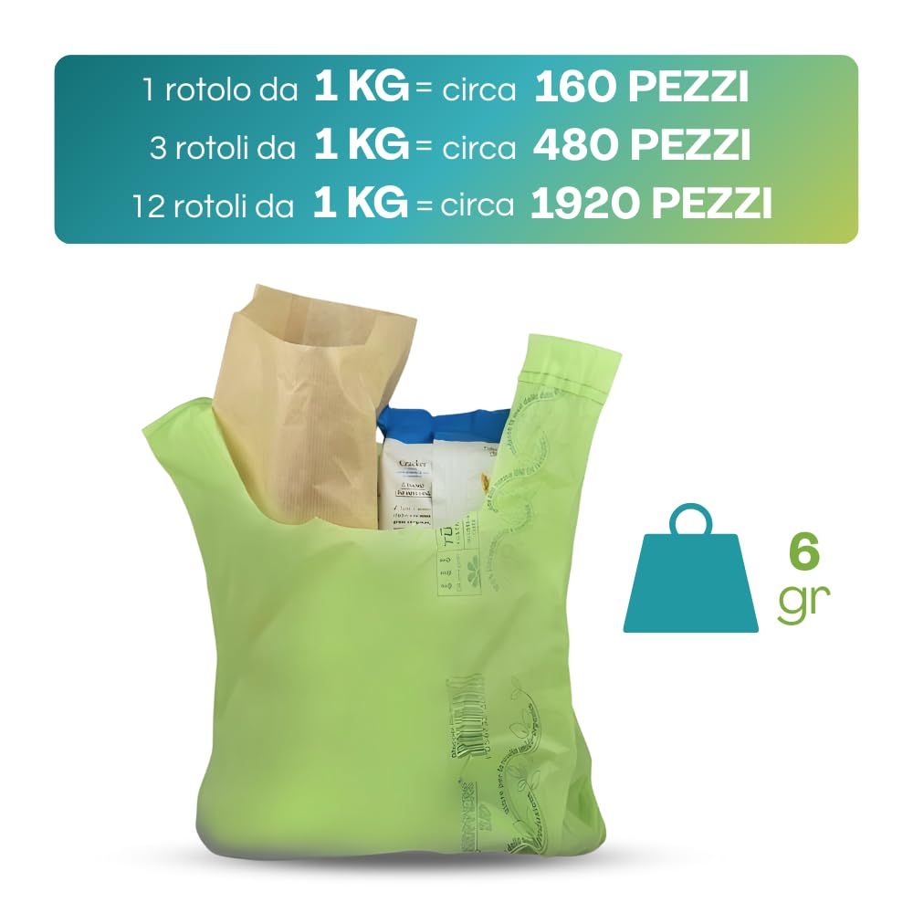 VIRSUS 1 Rotolo Buste Shopper Verde a Strappo da 1kg Circa 160 Buste Shopper biodegradabili compostabili Misura 24+12x40 Sacchetti per Organico Raccolta differenziata