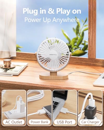 Image of SWEETFULL Small USB Desk Fan 6.5 Inch, 3 Speeds Portable Personal Desktop Table Fan , Dual 360 Adjustment Mini Fan, Quiet Operation, for Home Office Car Outdoor Travel (White wood grain)