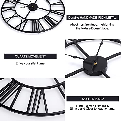 Shoze Vintage Large Black Wall Clock - 60CM Round Silent Skeleton Roman Numerals Battery Hanging Clock for Living Room, Bedroom, Kitchen, Hotel, Office