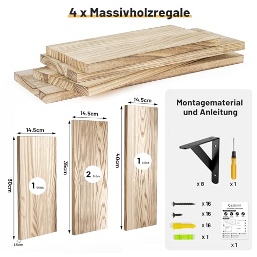 Qaxinmi Wandregal Holz und Metall, 4er-Set Schweberegale mit 3 Montagemöglichkeiten – Dekoregal zur Wandmontage für Wohnzimmer, Küche, Schlafzimmer, Badezimmer und Büro