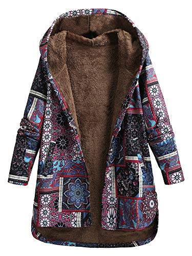 Domary Casaco feminino vintage com capuz solto estampado floral forro de lã abotoado plus size inver