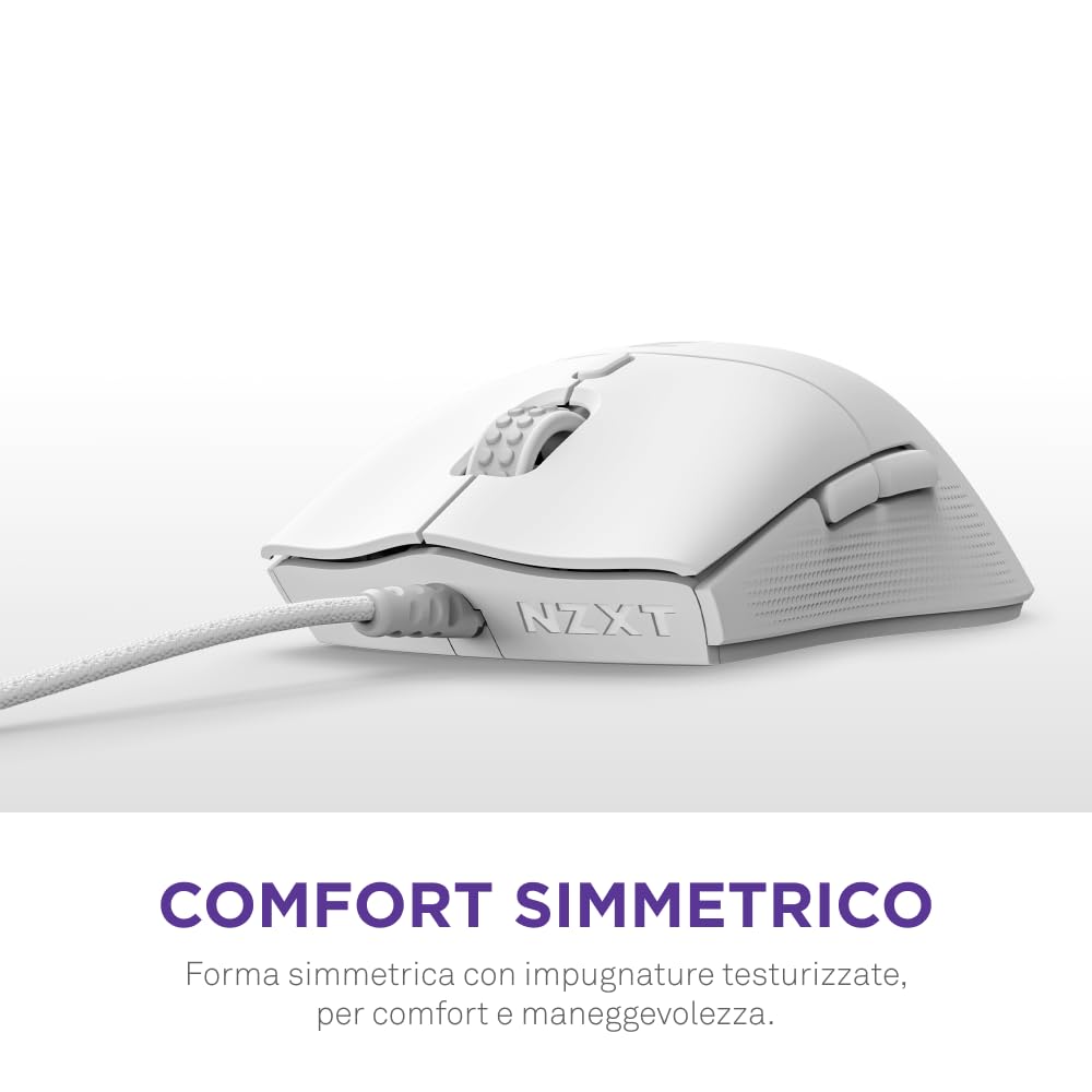NZXT Lift 2 Symm | Mouse gaming con cavo simmetrico leggero | Design leggero 58 g | Polling rate 8K | Switch ottici | Sensore ottico 26K DPI | Piedini 100% PTFE | Bianco