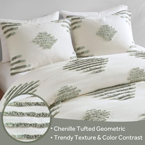 Image of Ink+Ivy Duvet Cover Set Chenille Tufted Geometric Duvet Cover for Queen Size Bed, All Season, Soft & Lightweight Cotton Rich Queen Bedding Cover & Shams, Tahli, Full /Queen Green /Ivory 3 Piece