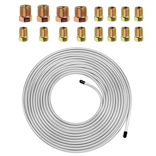 25Ft 1/4" OD Galvanized Car Brake Line Kit with 16 Inverted Brake Line Fittings,Universal Car Brakes Lines Kit for Maintenance of Braking Systems,Flexible Cars 1/4 Brakes Lines Coil