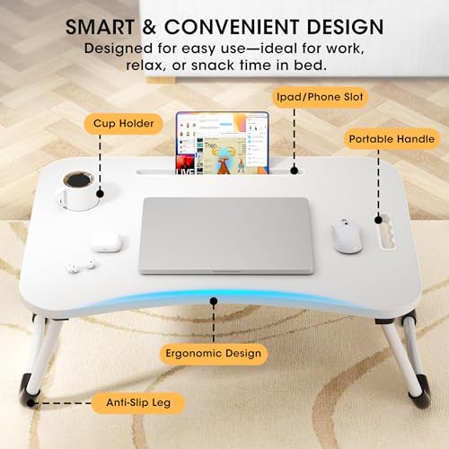 Image of Folding Lap Desk, 23.6 Inch Wood Laptop Bed Desk with Cup Holder, Portable Bed Table for Working Writing Reading, Eating for Bed, Floor, Sofa, Couch - White