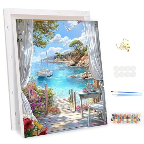 MEIYUDA Pintar por Numeros Adultos con Marco Vistas al Mar Paisaje, DIY Painting by Numbers Kits Cuadros por Numeros, Pintura de Bricolaje Sobre Lienzo con Pinceles Decoración para el Hogar 30x40cm