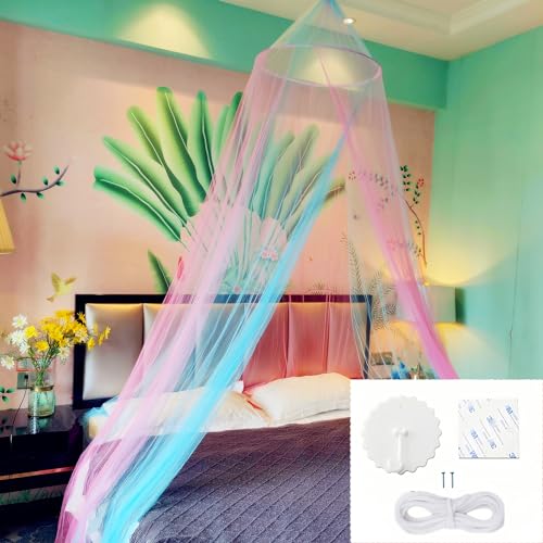 Image of Two-Tone Bed Canopy Mosquito Net, Bed Canopy for Girls Room Decor - Insect Protection Hanging Canopy for Indoor(Pink+Blue)