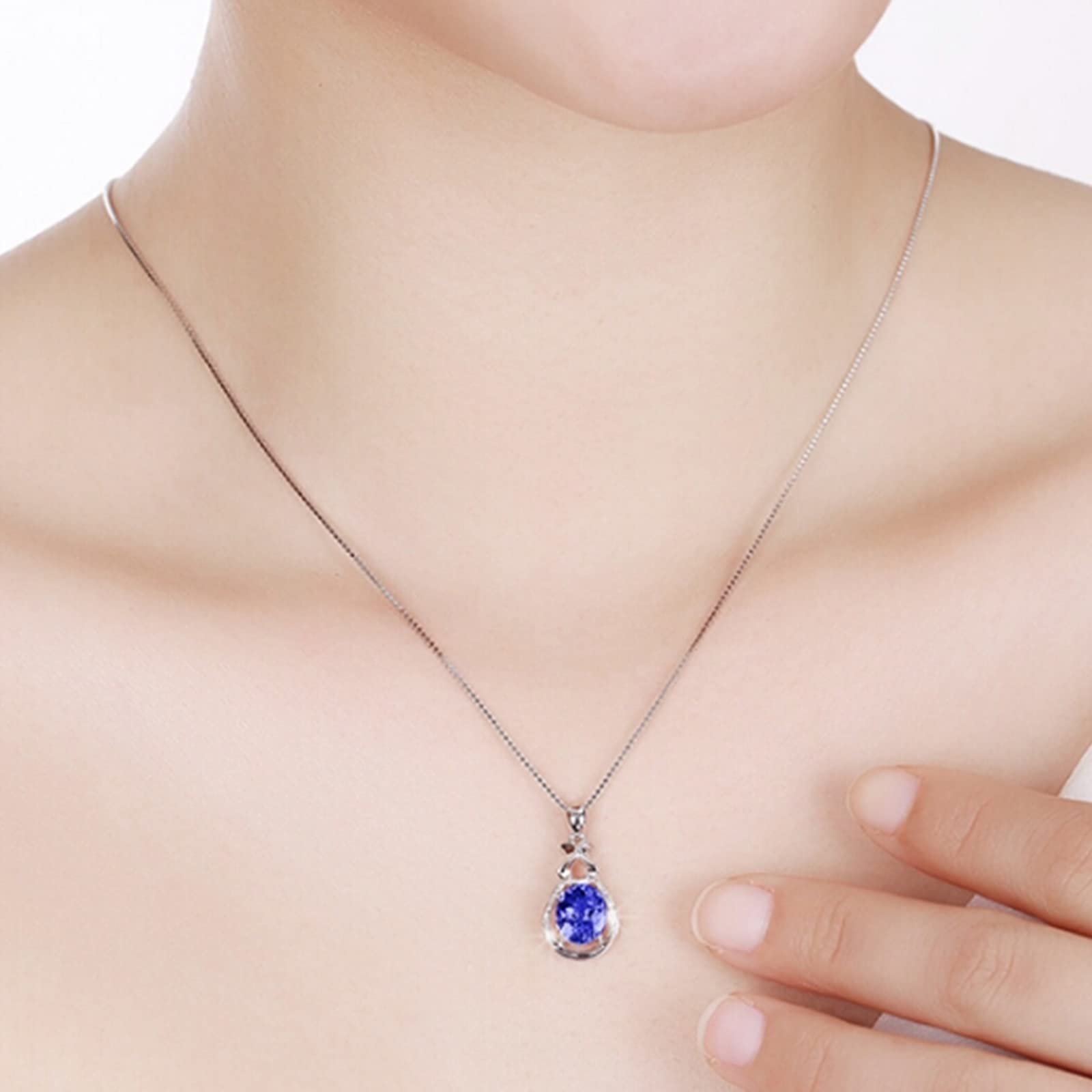 Naszyjnik z tanzanitem dla kobiet, białe złoto, amulet dla kobiet z tanzanitem 2,1 ct i stworzonym diamentem, regulowany łańcuszek 40 cm i przedłużka 5 cm