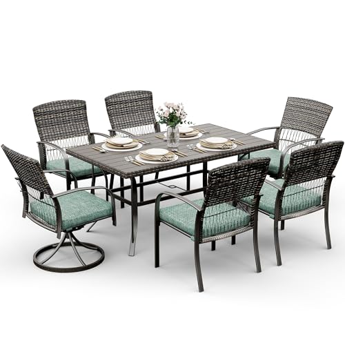 Pamapic 7 Piece Patio Dining Set for 6,Outdoor Wicker Furniture Set for Backyard Garden Deck Poolside with 4 Dining Chairs and 2 Swivel Rockers,Iron Slats Table Top, Removable Cushions(Green)