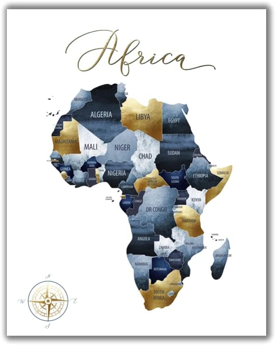ShopHaven Decoración africana, mapa de África, arte para pared, continente africano, azul marino y oro, 11 x 14 pulgadas, sin marco, decoración para